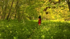 stock-footage-asian-girl-walking-on-a-small-road-in-a-spring-forest